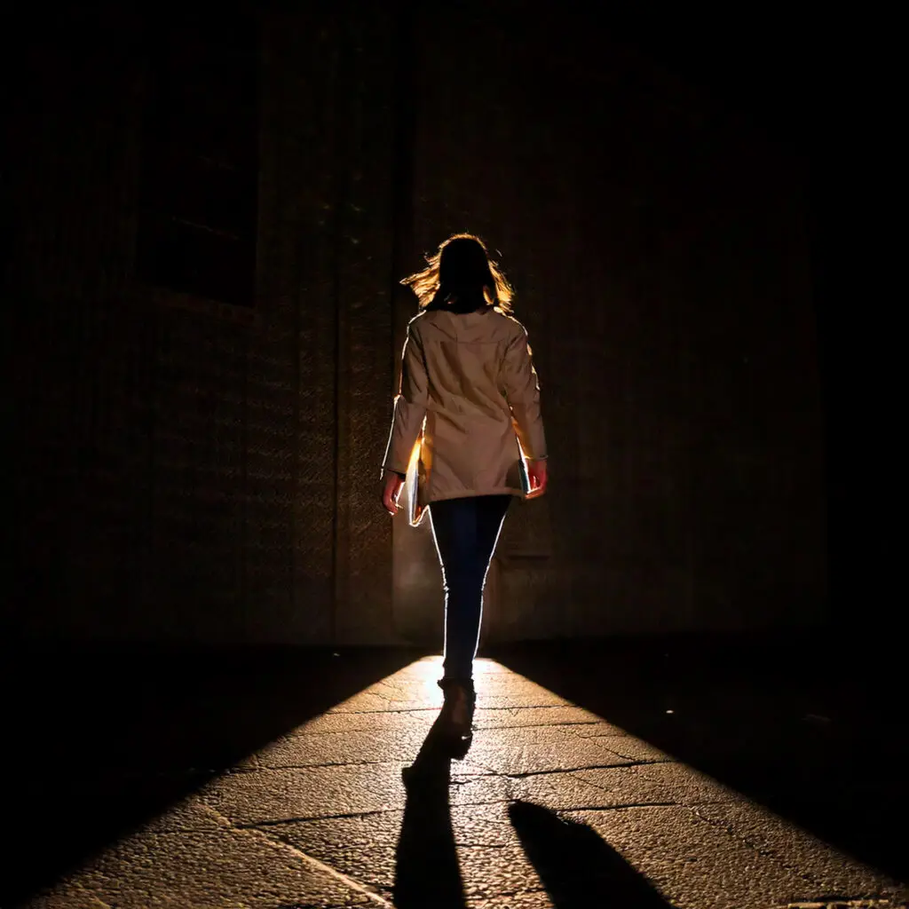 Woman walking from dark room towards the light